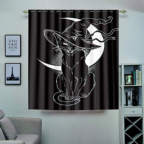Magic Creature Curtains,Soundproof Blackout Curtains for Bedroom Living Room Window Drapes Panel Set,Black Cat Pointy Witch Hat Line Art