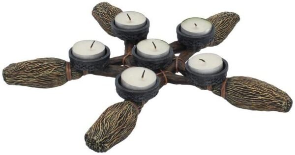Wiccan Collection~Broomstick Pentagram Tea Light Holder 34cm, Resin, Brown, One Size
