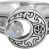 Sterling Silver Crescent Moon Ring with Natural Rainbow Moonstone (sizes 5-12)