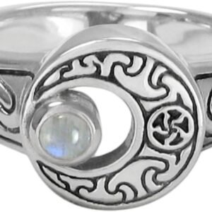 Sterling Silver Crescent Moon Ring with Natural Rainbow Moonstone (sizes 5-12)