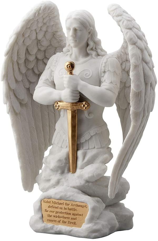 Magic  Collection~9.1 Inch Saint Michael Prayer Archangel Monument Marble White Golden Finish Angel Statue