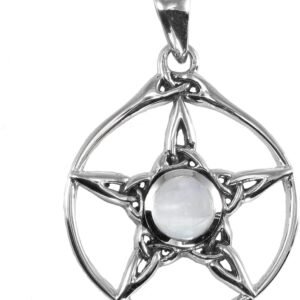Sterling Silver Wiccan Triquetra Pentacle Pendant with Natural Rainbow Moonstone