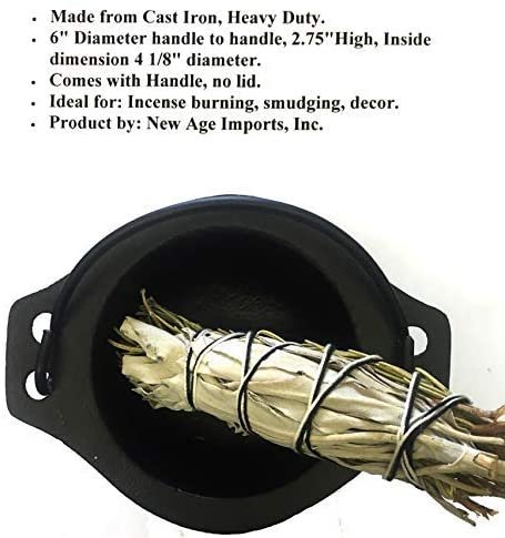 Witchcraft~Cast Iron Cauldron w/handle, ideal for smudging, incense burning, ritual purpose, decoration, candle holder, etc. (6"Diameter handle to handle, Inside Diameter 4 1/8")