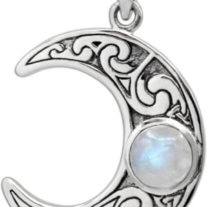 Sterling Silver Horned Crescent Moon Pendant with Natural Rainbow Moonstone