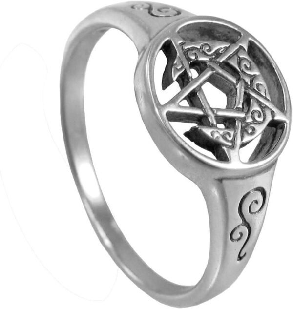 Sterling Silver Crescent Moon Pentagram Pentacle Ring (Size 5-12)