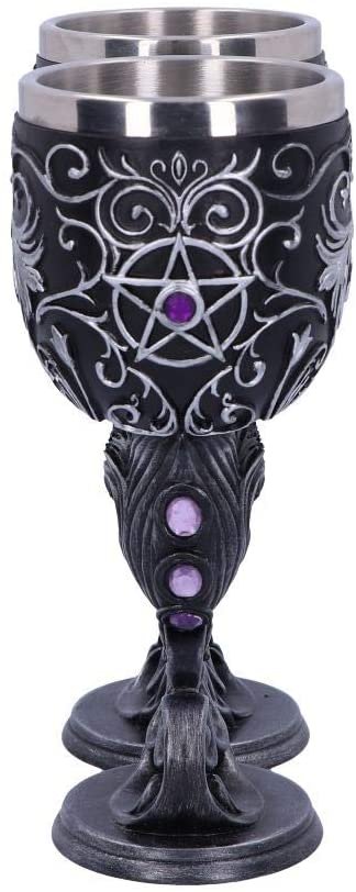 Wiccan Collection~Hex Twin Cat Heart Set of Two Goblets, Resin w/Stainless Steel Insert, Black and Silver, 18.5cm