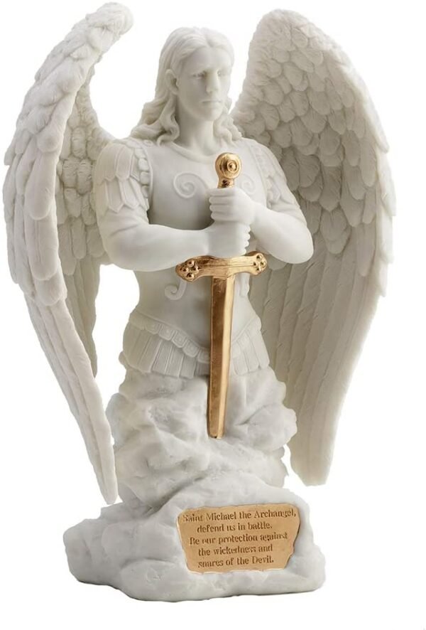 Magic  Collection~9.1 Inch Saint Michael Prayer Archangel Monument Marble White Golden Finish Angel Statue