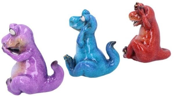 Animal Collection~ See No, Hear No, Speak No Evil Tyrannosaurus Rex Figurines, Polyresin, Red, Blue and Purple, 13cm