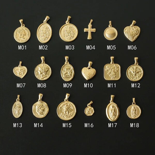 18K Gold Portrait Coin Cross Peach Heart Angel Charms Vintage Pendant b