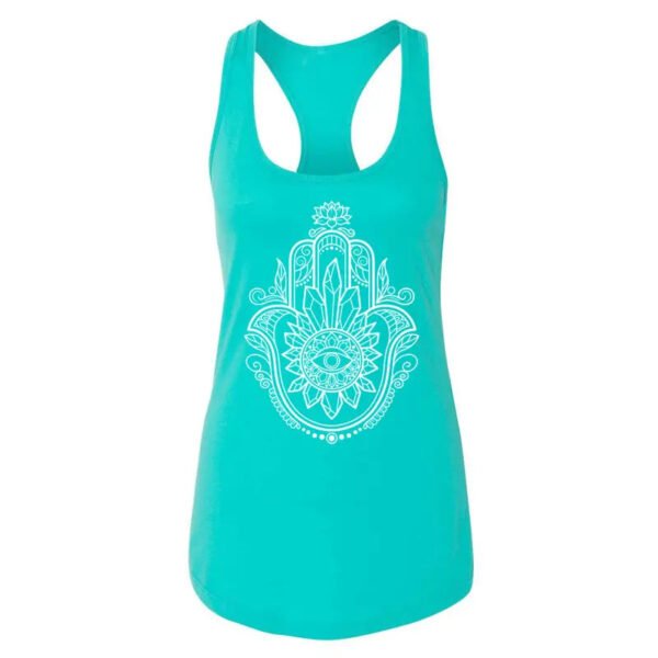 Ladies' Racerback Tank Top with Hamsa Design - Enhanced with Obsidian, Tiger's Eye, and Amethyst Crystals