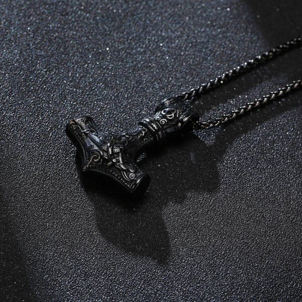 Mjolnir The Hammer of Thor Norse Pagan Symbol Pendant Necklace Stainless Steel Double Sided Dragon Design Viking Jewelry