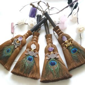 Crystal feather broom three-phase moon quartz pendant amethyst witch altar decoration festival decor magic gift