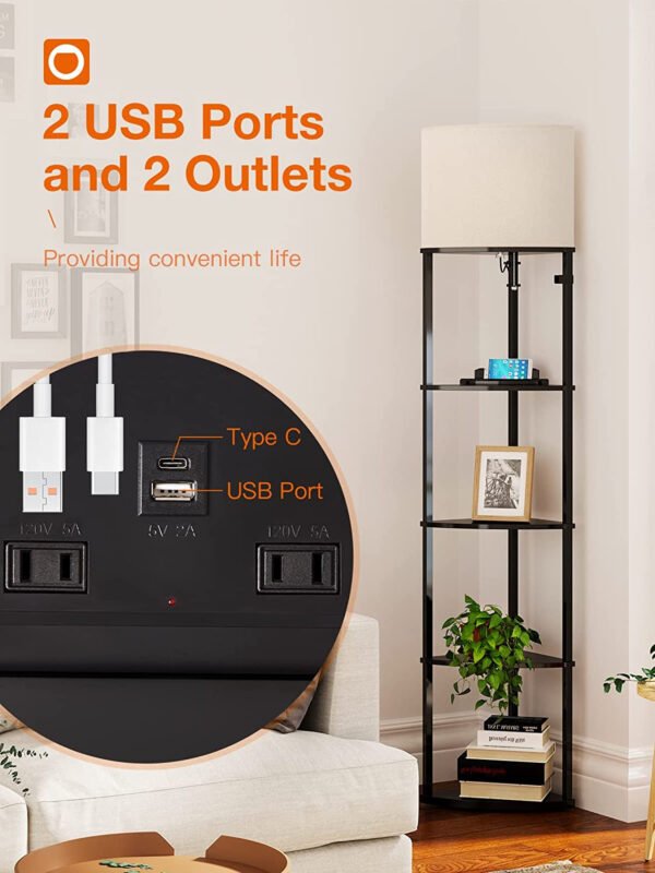5-Tier Corner Shelf Floor Lamp with Type C, USB Port & 1 Power Outlet and 3CCT LED Bulb, Modern Display Lamp for Narrow Corner Bookshelf Lamp for Living Room, Bedroom, Office - Black