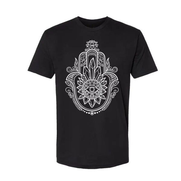 "Unisex Crystal Hamsa T-Shirt - Enhanced with Obsidian, Tiger's Eye, and Amethyst"