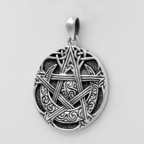 Sterling Silver Moon Pentacle Pentagram Pendant; 1 Inch Diameter