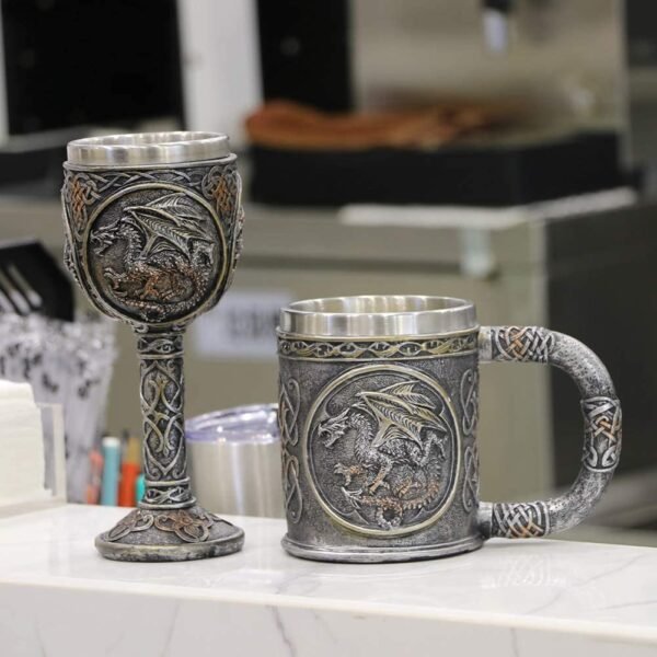 Magicun N.Giftware~Dragon Skull Mug Goblet Spoon Set of 3 Stainless Steel - Steampunk Beer Stein Tankard Decor Gift or Coffee Mug & Wine Chalice Christmas, Anniversaries, Mother’s & Father’s Days