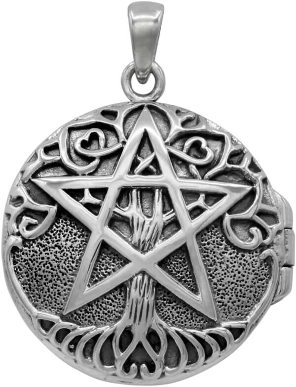 Sterling Silver Aromatherapy Tree Pentacle Pentagram Locket; 1 Inch Diameter