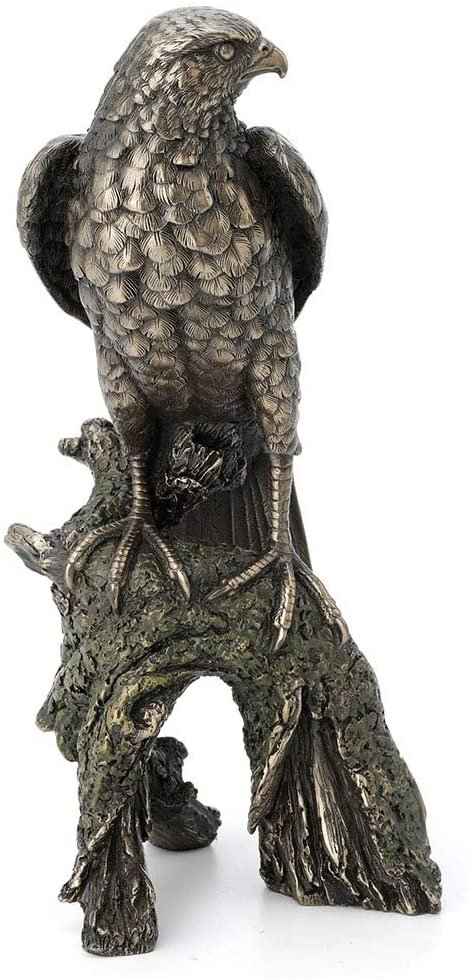 Magic  Collection~10.9 Inch Sparrow Hawk Resting On Tree Branch Antique Bronze Falcon Statue