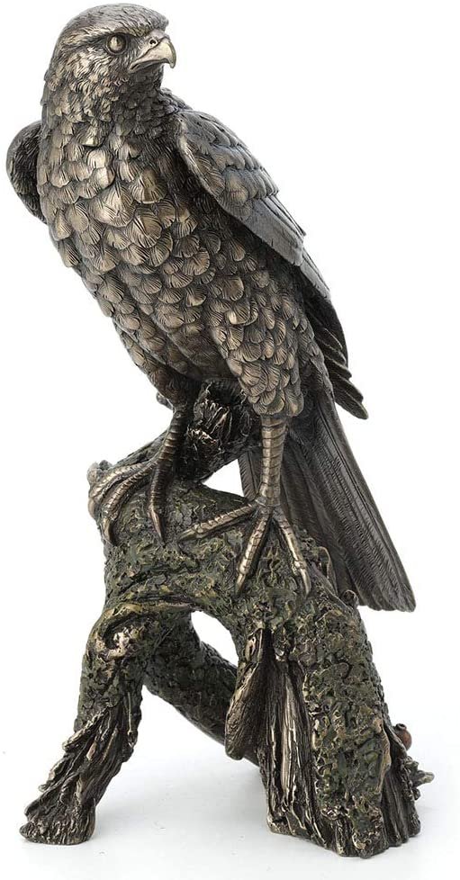 Magic  Collection~10.9 Inch Sparrow Hawk Resting On Tree Branch Antique Bronze Falcon Statue