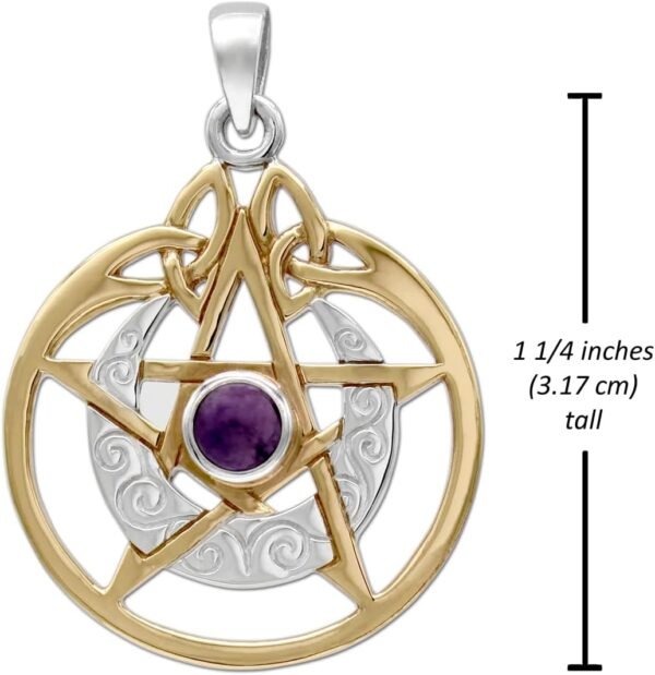 Sterling Silver 14k Gold Plated Crescent Moon Pendant Pentacle with Natural Amethyst