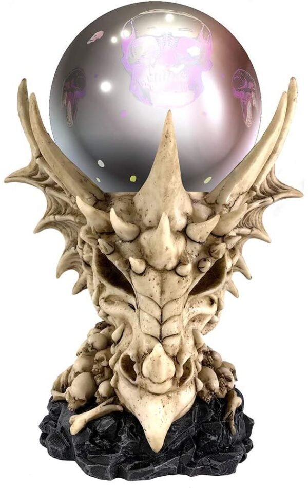 Fantasy Collection~ Skeletal Realm Dragon Skull and Light Up Orb Figurine, Polyresin, Natural Bone Colour, One Size