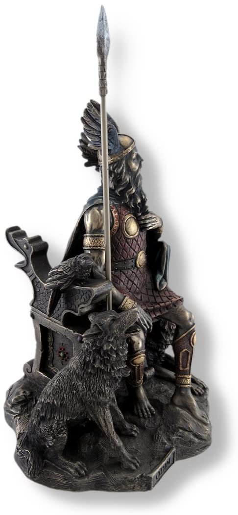 Magic  Collection~Bronzed Norse God Odin on Throne with Ravens and Wolves Statue