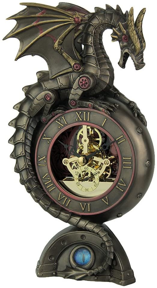 Magic  Collection~Steampunk Dragon Bronze Finish Table Clock with Moving Clockworks
