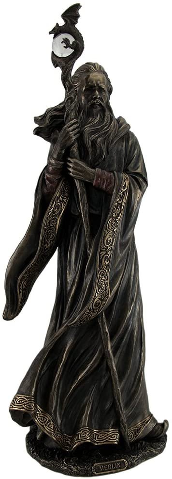 Magic  Collection~18.5 Inch Merlin Grand Wizard Dragon Crystal Ball Staff Cold Cast Resin Antique Bronze Finish Statue Home Decor