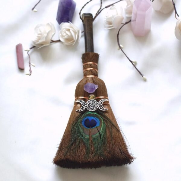Crystal feather broom three-phase moon quartz pendant amethyst witch altar decoration festival decor magic gift