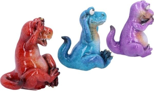 Magicun N.Giftware~See No, Hear No, Speak No Evil Tyrannosaurus Rex Figurines, Polyresin, Red, Blue and Purple, 13cm