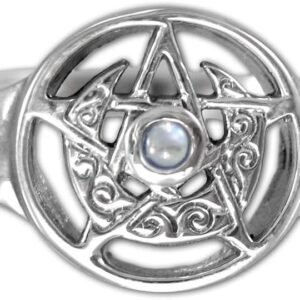 Sterling Silver Crescent Moon Pentacle Pentagram Ring with Rainbow Moonstone (Size 5-12)