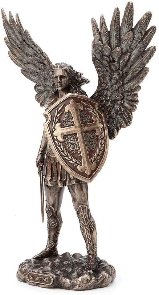 Magic  Collection~11 Inch Saint Michael Archangel with Battle Shield and Sword Cold Cast Resin Material Antique Bronze Finish Angel Statue