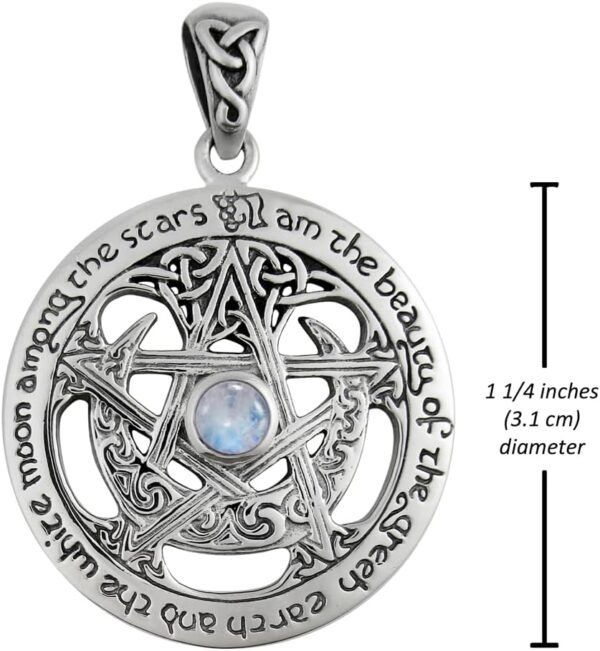 Sterling Silver Large Moon Goddess Wiccan Pentacle Pendant Natural Rainbow Moonstone; 1.25 Inch Diameter
