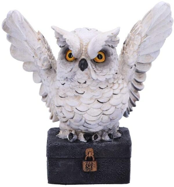 Wiccan Collection~Archimedes White Horned Owl Perched on a Locked Box Figurine, 12.5cm