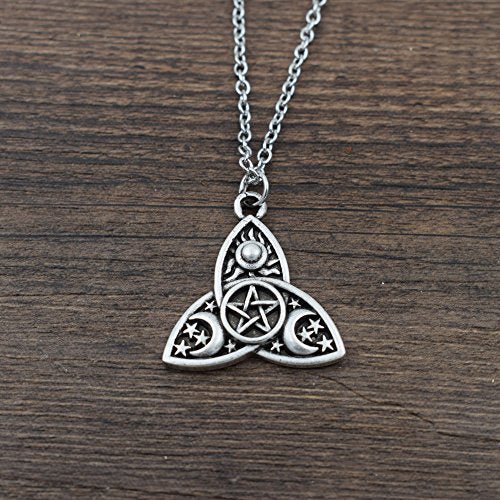 Triple Moon Goddess Triquetra Pentacle Necklace Pagan Wicca Pendant Necklace