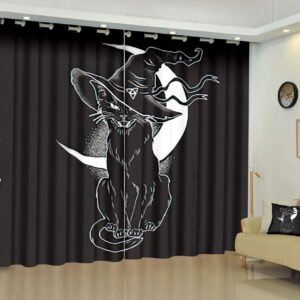 618L-_axlML Magic Creature Curtains,Soundproof Blackout Curtains for Bedroom Living Room Window Drapes Panel Set,Black Cat Pointy Witch Hat Line Art