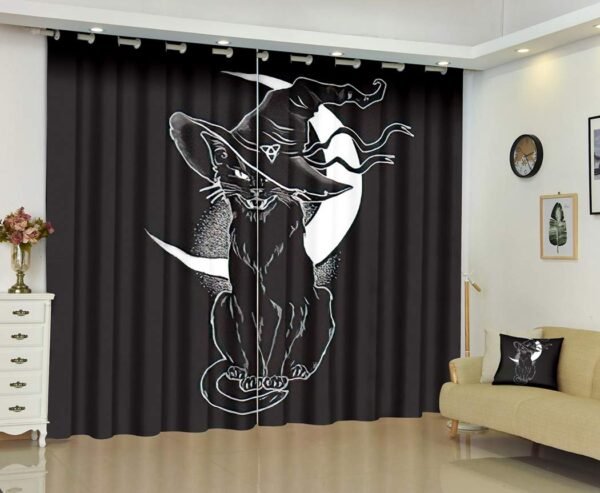 Magic Creature Curtains,Soundproof Blackout Curtains for Bedroom Living Room Window Drapes Panel Set,Black Cat Pointy Witch Hat Line Art