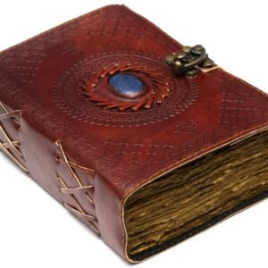 Witchcraft~Vintage Leather Journal with Semi Precious Stone - Lock Closure, 240 pages Antique Deckle Edge Paper - Book of Shadows, Grimoire Journal, Witch Journal for Men and Women - 9" x 6"