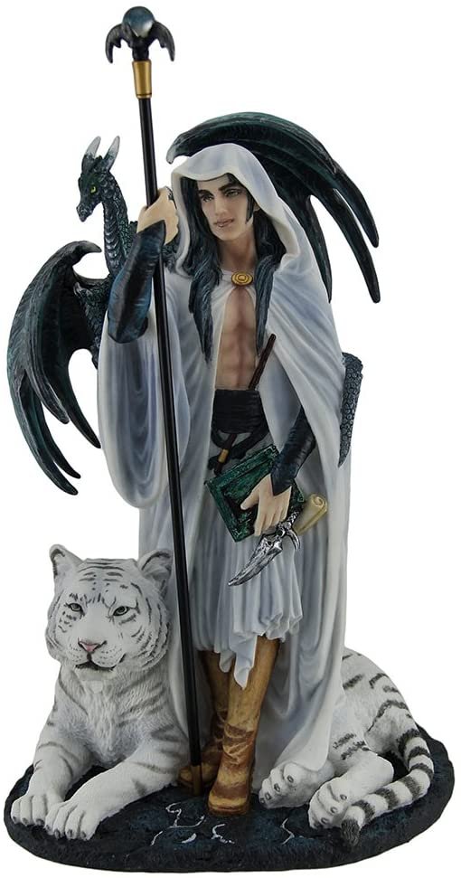 Magic  Collection~Arcana The Magi by Ruth Thompson White Wizard with Tiger and Dragon Statue