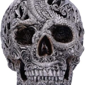 Dark Collection~Silver Cranial Drakos Engraved Dragon Skull Ornament, Polyresin, One Size