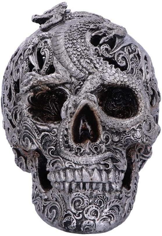 Dark Collection~Silver Cranial Drakos Engraved Dragon Skull Ornament, Polyresin, One Size