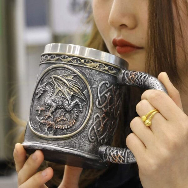 Magicun N.Giftware~Dragon Skull Mug Goblet Spoon Set of 3 Stainless Steel - Steampunk Beer Stein Tankard Decor Gift or Coffee Mug & Wine Chalice Christmas, Anniversaries, Mother’s & Father’s Days