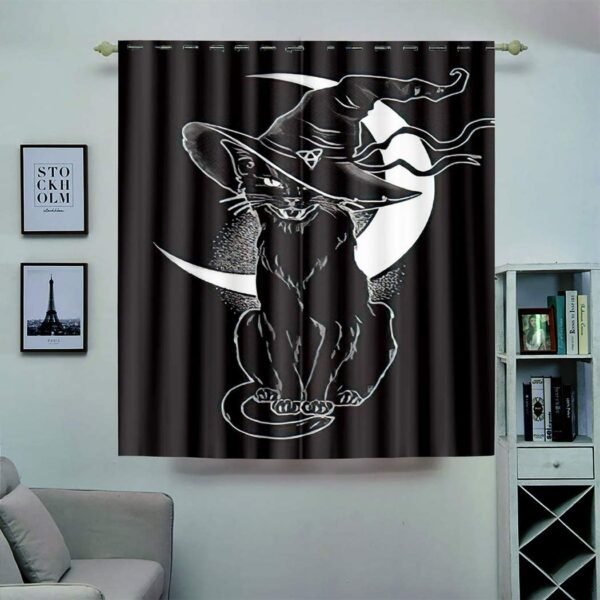 Magic Creature Curtains,Soundproof Blackout Curtains for Bedroom Living Room Window Drapes Panel Set,Black Cat Pointy Witch Hat Line Art
