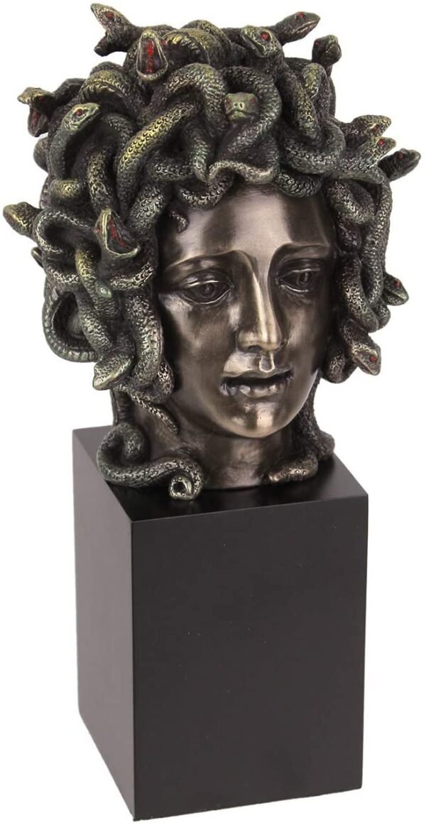 Magic  Collection~Cast Bronze Resin Medusa Head Figure on Plinth Bust Sculpture Painted Accent Art
