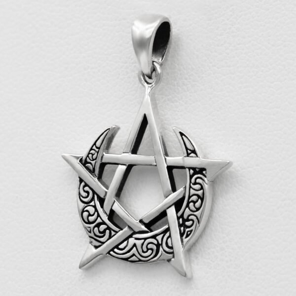 Sterling Silver Simple Moon Pentacle Pentagram Pendant; 1 Inch Tall