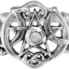 Sterling Silver Heart Pentacle Ring with Natural Rainbow Moonstone (Size 4-15)