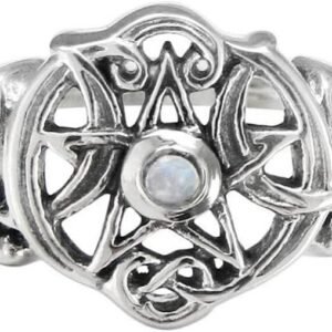 Sterling Silver Heart Pentacle Ring with Natural Rainbow Moonstone (Size 4-15)