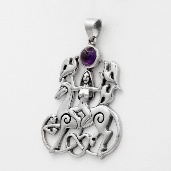 Sterling Silver Celtic Rhiannon Horse Goddess Pendant with Natural Amethyst