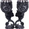 Dark Collection~Hex Twin Cat Heart Set of Two Goblets, Resin w/Stainless Steel Insert, Black and Silver, 18.5cm