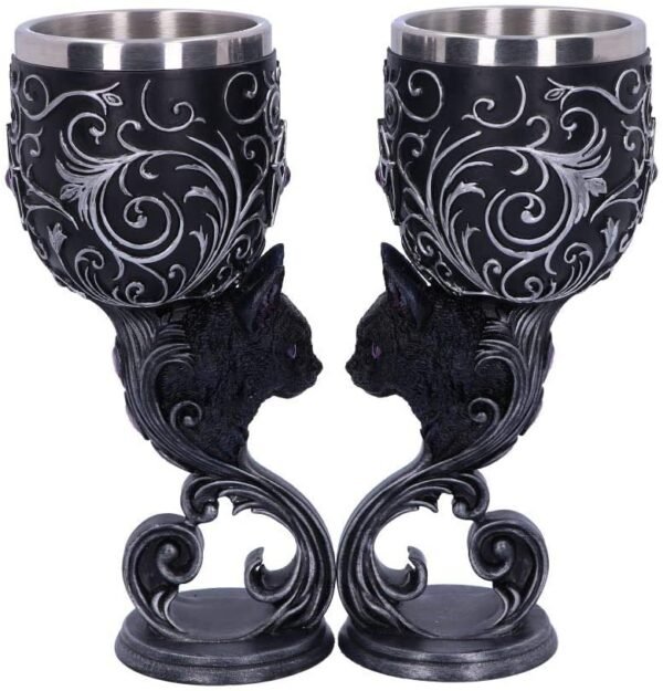Dark Collection~Hex Twin Cat Heart Set of Two Goblets, Resin w/Stainless Steel Insert, Black and Silver, 18.5cm